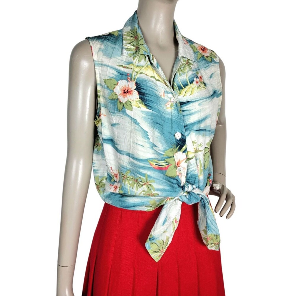 Vintage 90s Tommy Bahama Crinkle Sleeveless Hawaiian Tie Front Top